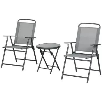 Outsunny 3 Piese Masa Si Scaune De Gradina, Set De Mobilier Cu Fotolii Pliabile Din Material Plasa Si Masuta De Cafea Cu Blat Din Sticla, Gri Deschis imagine