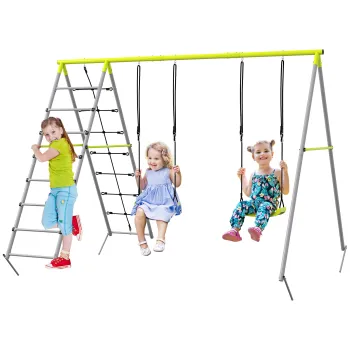 Outsunny 4 in 1 balansoar portic pentru copii cu 2 sezlonguri de balansoar, scara cataratoare si plasa de escalada verde | Aosom Romania imagine