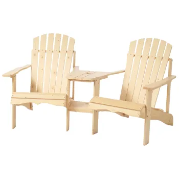 Outsunny Adirondack Gartenstuhl cu Masa si Orificiu pentru Umbrela, 2 Locuri Scaun Grupa pentru Gradina Mobilier Exterior pentru Balcon Lemn Masiv Natural 178 x 87 x 92 cm | Aosom Romania imagine