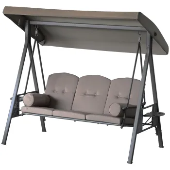 Outsunny Balansoar 3 Locuri Autoportant de Exterior, Cadru Rezistent, Sezut Captusit cu Acoperis Reglabil, Maro | Aosom Romania imagine