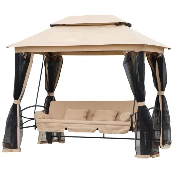 Outsunny Balansoar 3 Locuri cu Copertina, Plasa de Tantari si Perne, Bej 256x172x248cm | Aosom Ro imagine
