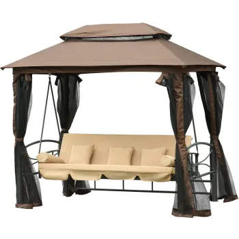 Outsunny Balansoar 3 Locuri de Gradina Convertibil in Pat cu Foisor, cu Plasa Impotriva Tantarilor si Perne, 257x175x240cm Bej imagine