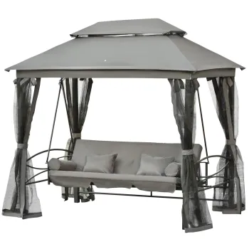 Outsunny Balansoar 3 Posti si Sezlong cu Copertina tip Foisor cu Plasa Impotriva Tantarilor si Perne, Gri Inchis 256x172x248cm imagine