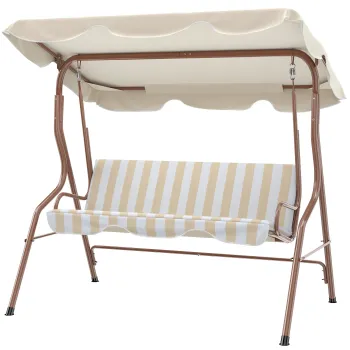 Outsunny Balansoar de gradina 3 locuri Acoperis impermeabil Reglabil Perne sezut spatar maro, crem cu dungi | Aosom Romania imagine