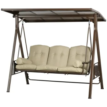 Outsunny Balansoar de Gradina 3 Locuri din Otel si Poliester cu Baldachin Rabatabil din PC si Perne pentru Spatar si Brate, 208x120x174 cm, Maro si Kaki | Aosom Romania imagine