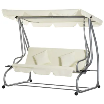 Outsunny Balansoar de Gradina Convertibil in Pat, Balansoar pentru 3 Persoane cu Acoperis Reglabil si 2 Suporturi pentru Pahare, 200x120x164 cm, Crem imagine
