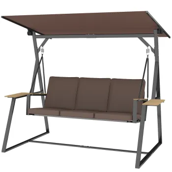 Outsunny Balansoar de Gradina cu 3 Locuri si Acoperis Reglabil, Balansoar de Exterior din Metal cu Tavi pentru Bauturi, Perne Imbatute, Capacitate 360kg, pentru Terasa sau Balcon, 222x131x175 cm, Maro | Aosom Romania imagine