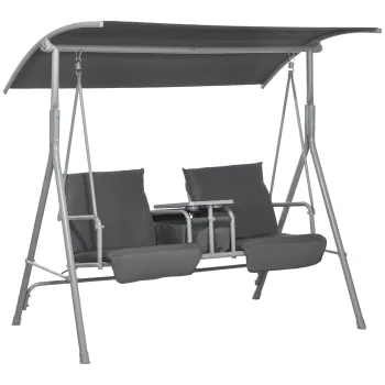 Outsunny Balansoar Exterior cu Masuta de Cafea si Suport Central pentru Pahare, Balansoar Metalic cu 2 Locuri cu Acoperis din Poliester, 175x112x158 cm, Gri imagine
