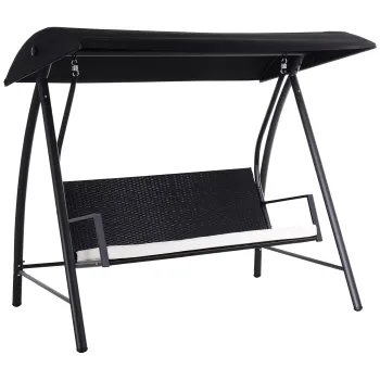 Outsunny Balansoar Hollywood 3 locuri din Polyrattan, balansoar de gradina cu copertina reglabila, protectie solara, perna de sezut, banca suspendata, pana la 360 kg, balansoar pentru gradina 198x124x179cm Negru | Aosom Romania imagine