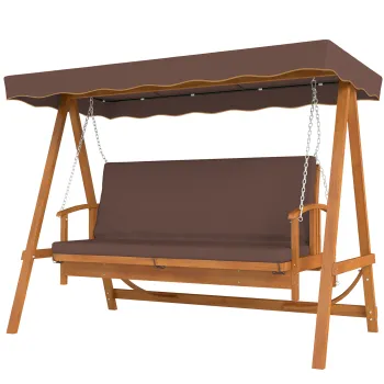 Outsunny Balansoar Hollywood cu copertina, balansoar de gradina din lemn masiv, banca-leagan cu functie de sezlong, pentru 3 persoane, Maro | Aosom Romania imagine