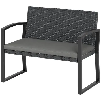 Outsunny Banc de gradina 2 locuri, banc de exterior din resina impletita PE cu perna, otel galvanizat, 103x58x78cm, gri si negru | Aosom Romania imagine