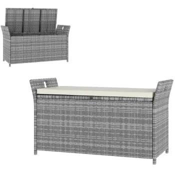 Outsunny Banca cutie de depozitare exterioara din rasina tesuta 250L cu perna detasabila, pentru gradina, balcon, crem | Aosom Romania imagine