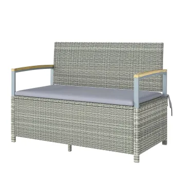 Outsunny Banca de depozitare exterioara din ratan 170 L cu perna lavabila Spatar Brate din lemn de acacia Gri deschis | Aosom Romania imagine