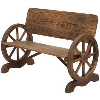 Outsunny Banca de Gradina 2 Locuri cu Spatar Inalt, Banca din Lemn de Brad cu Roti de Caruta Laterale, 114x58x80 cm, Maro Carbonizat imagine