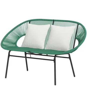 Outsunny Banca de Gradina 2 Locuri din Rachita PE, Canapea de Exterior cu Perne, Cotiere si Cadru din Otel, Banca pentru Terasa si Curte, 132x72x83 cm, Verde Inchis | Aosom Romania imagine