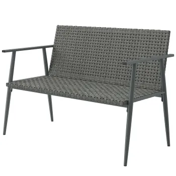 Outsunny Banca de gradina 2 locuri din rasina impletita si otel, cu cotiere, spatare si picioare reglabile, 110x58x78cm, gri | Aosom Romania imagine