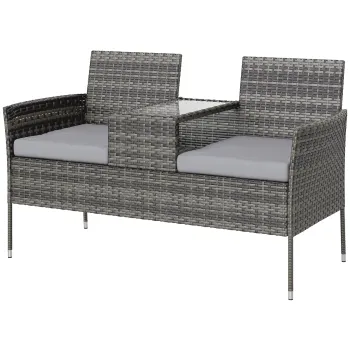 Outsunny Banca de Gradina cu 2 Locuri din Rattan si Otel, Banca de Exterior cu Perne si Masuta Centrala cu Blat din Sticla Securizata, 135x64x81 cm, Gri Inchis | Aosom Romania imagine