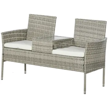Outsunny Banca de gradina din rasina impletita 2 locuri cu masa si perne - 135 x 64 x 81 cm - pentru balcon si terasa negru | Aosom Romania imagine