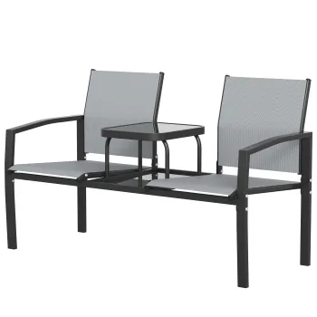 Outsunny Banca de gradina pentru 2 persoane cu spatar si bratere, masa din sticla in 2 niveluri, rezista la 240 kg 135 x 67 x 81 cm Gri | Aosom Romania imagine