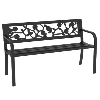 Outsunny Banca de Terasa, Canapea cu Cadru Metalic cu Spatar cu Model Floral pentru Gradina, Cotiere, pentru Gradina, Veranda, Negru imagine