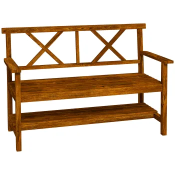 Outsunny Banca din Lemn pentru Gradina, Banca cu 2 Locuri de Exterior cu Raft de Depozitare, Spatar, Cotiere si Scaun cu Lamele pentru Terasa, Gazon  imagine