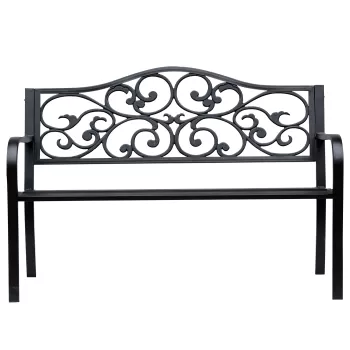Outsunny Banca pentru exterior din fonta si metal, banca pentru gradina 2 locuri cu spatar inalt decorat, 127x60x89cm, negru imagine