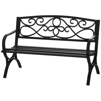 Outsunny bancuta pentru gradina cu 2 locuri din otel si fonta cu brate, bancuta de exterior cu spatar decorat, negru imagine