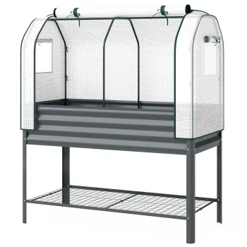 Outsunny Bazin de gradina pe picioare din metal cu sera, jardiniere ridicata cu captuseala si polita inferioara, Gri inchis | Aosom Romania imagine