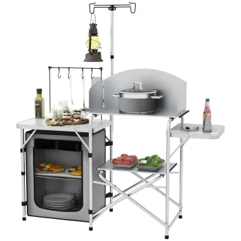 Outsunny Bucatarie de camping, pliabila, 3 blaturi, paravan impotriva vantului, dulap textil, 144x48x119cm, argintiu | Aosom Romania imagine