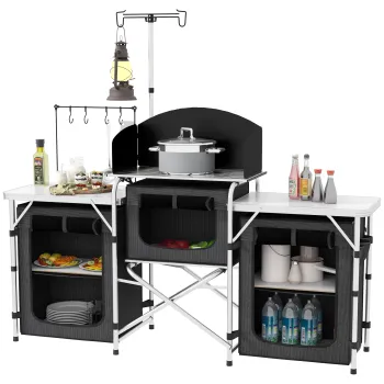 Outsunny Bucatarie de Camping Pliabila cu 3 Blaturi, 5 Rafturi si 4 Carlige Negru | Aosom Romania imagine