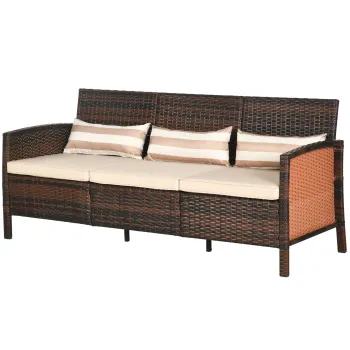 Outsunny Canapea de exterior cu 3 locuri, din ratan PE, cu perne confortabile si detasabile, 173x68x78 cm, maro | Aosom Romania imagine