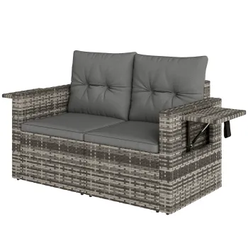 Outsunny Canapea ratan 2 locuri cu perne pliabila tavi laterale lounge set sezut Gri deschis | Aosom Romania imagine