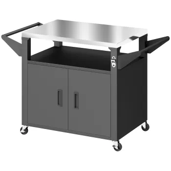 Outsunny Carucior de bucatarie cu roti, carucior de servire, carucior cu dulap, manere, suprafata din otel inoxidabil 117 x 55 x 78 cm Negru | Aosom Romania imagine