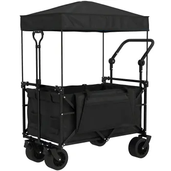 Outsunny Carucior de gradina pliabil cu roti mari blocabile, bara reglabila si suport pentru pahare pentru camping 125x59x133 cm Negru | Aosom Romania imagine