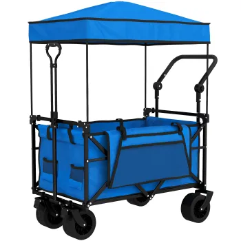 Outsunny Carucior de gradina pliabil cu roti mari blocabile bara reglabila suport pentru pahare pentru camping 125x59x133 cm Albastru | Aosom Romania imagine