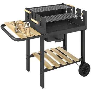 Outsunny Carucior de gratar din lemn cu 2 gratare reglabile, gratar pe carbuni pe roti, polita laterala, negru | Aosom Romania imagine