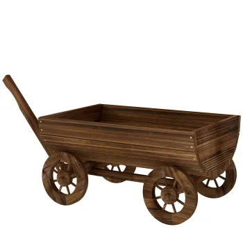 Outsunny Carucior din lemn cu 4 roti si maner Jardiniera exterioara cu orificiu de drenaj 115x40x54,5 cm Carbonizat | Aosom Romania imagine