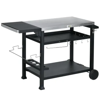 Outsunny Carucior Masa pentru Gratar cu Masa Laterala Pliabila, Blat din Otel Inoxidabil, Carucior Portabil pentru Gratar cu 2 Roti, 6 Carlige imagine