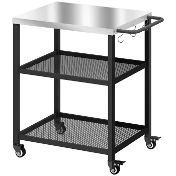 Outsunny Carucior pentru gratar cu 3 niveluri mobil cu roti si frana Blat din otel inoxidabil Raft reglabil Carlige Negru | Aosom Romania imagine