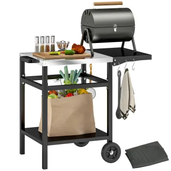 Outsunny Carucior pentru Gratar cu Blat din Otel Inoxidabil, Raft Pliabil si Husa de Protectie, 91x58x76 cm, Negru | Aosom Romania imagine