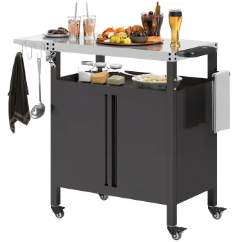 Outsunny Carucior pentru Gratar cu Blat din Otel Inoxidabil si Masuta Laterala Pliabila, 116x50x93 cm, Negru | Aosom Romania imagine