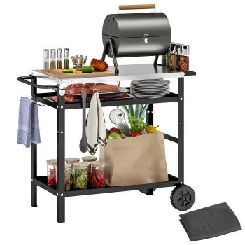 Outsunny Carucior pentru Gratar cu Blat din Otel Inoxidabil si Raft Reglabil, 100x52x80 cm, Negru | Aosom Romania imagine