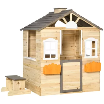 Outsunny Casa de Joaca din Lemn pentru Copii pentru Jocuri de Rol, cu Usa Functionala, Ferestre, Banca, Statie de Service, pentru Copii de 3-7 ani imagine
