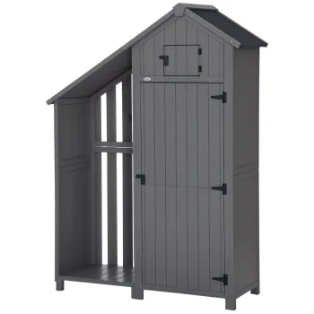 Outsunny Casut de gradina, compartiment deschis pentru lemne de foc, usa cu zavor, rezistent la intemperii, lemn natural, 129 x 51,5 x 180cm, gri+negru | Aosom Romania imagine