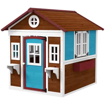 Outsunny Casuta copii exterior casa de joaca exterioara cu usa ferestre si jardiniere 114 x 126,4 x 135 cm Maro | Aosom Romania imagine