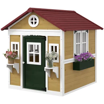 Outsunny Casuta de exterior pentru copii, casa de joaca exterioara cu usa, ferestre si jardiniere 114 x 126,4 x 135 cm bej | Aosom Romania imagine