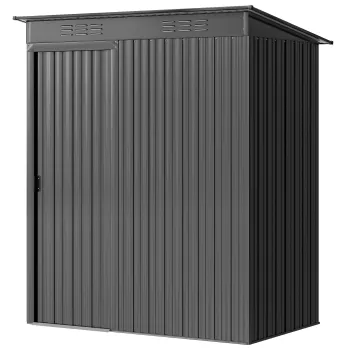 Outsunny Casuta de Gradina 1.37m2 din Metal, Montare Usoara, Depozit pentru Unelte de Gradina cu Fante de Aer, Usa Culisanta, Acoperis Inclinat si Manusi, 159x106x181 cm, Gri Inchis | Aosom Romania imagine