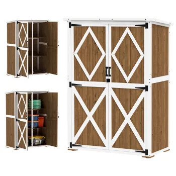 Outsunny Casuta de Gradina cu 2 Rafturi, 2 Usi cu Incuietoare si Picioare Reglabile, 116.5x57x159/167 cm, Maro si Alb | Aosom Romania imagine