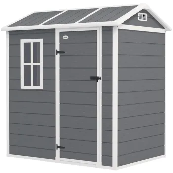 Outsunny Casuta de gradina, magazie cu podea, fereastra, usa incuiabila, rasina plastic, rezistenta la intemperii, Gri | Aosom Romania imagine