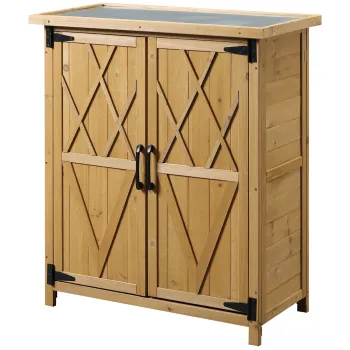 Outsunny Casuta de Gradina pentru Unelte cu 2 Usi, 4 Rafturi si Baza Ridicata, 75x40x90 cm, Natural | Aosom Romania imagine